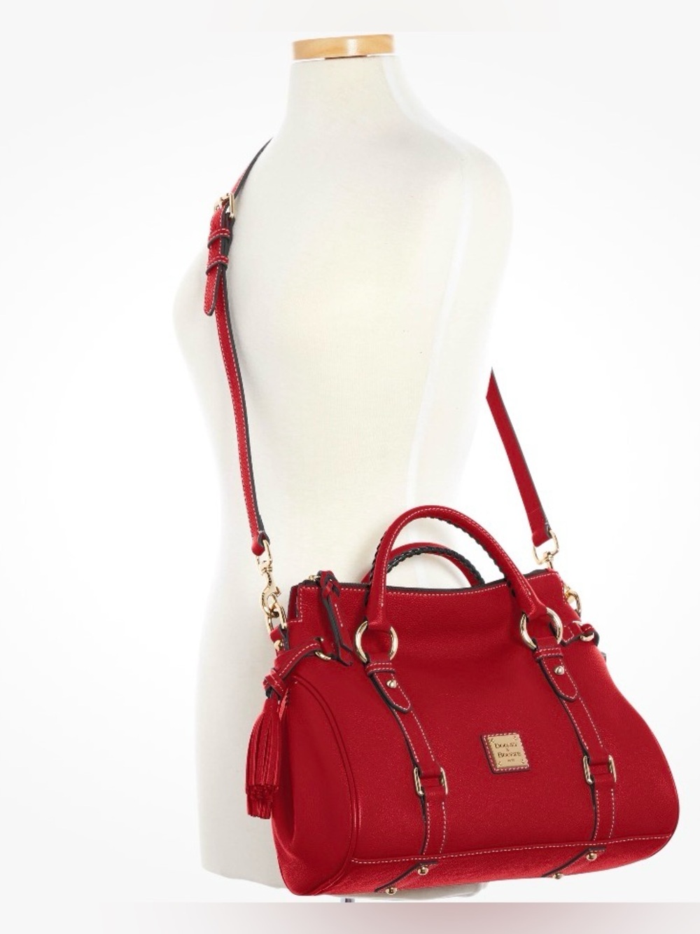 Dooney & Bourke Red Leather Satchel Handbag w/ Gold Accents - Picture 3 of 7